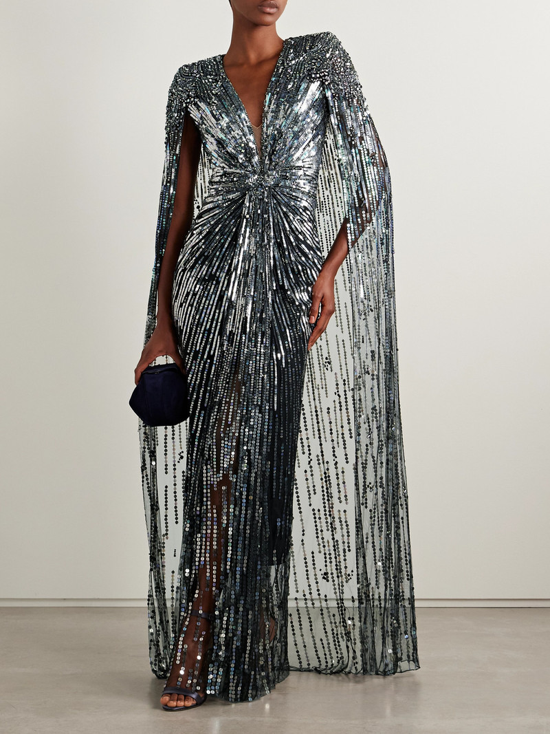 JENNY PACKHAM Gold Rush Cape-effect Embellished Tulle Gown outlook
