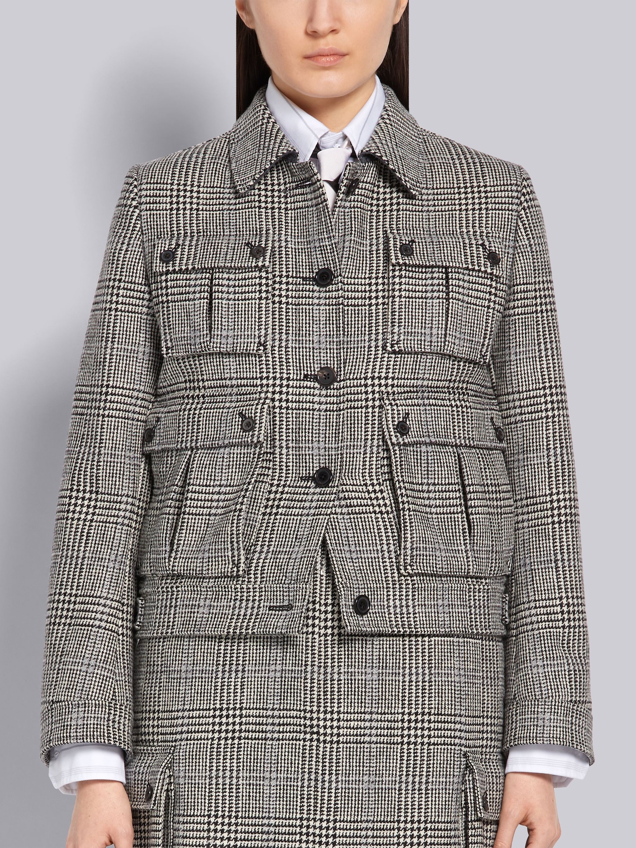 Black and White Prince of Wales Hunting Wool Tweed Unconstructed 4-Pocket Harrington Jacket - 1