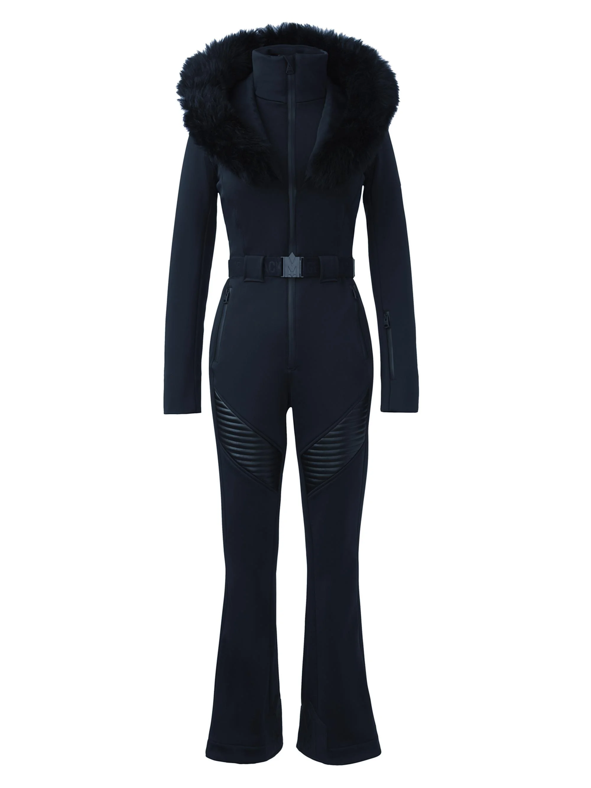 Women's Elle Belted Shearling-Trimmed Shell Ski Suit - Black - 1
