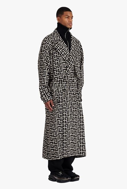 Bicolor ivory and black wool trench coat with Balmain monogram - 7