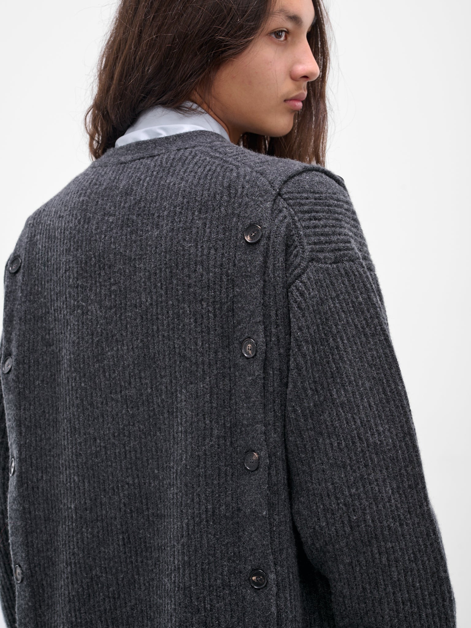 Gray Cashmere Rib-Knit Buttoned Cardigan - 4