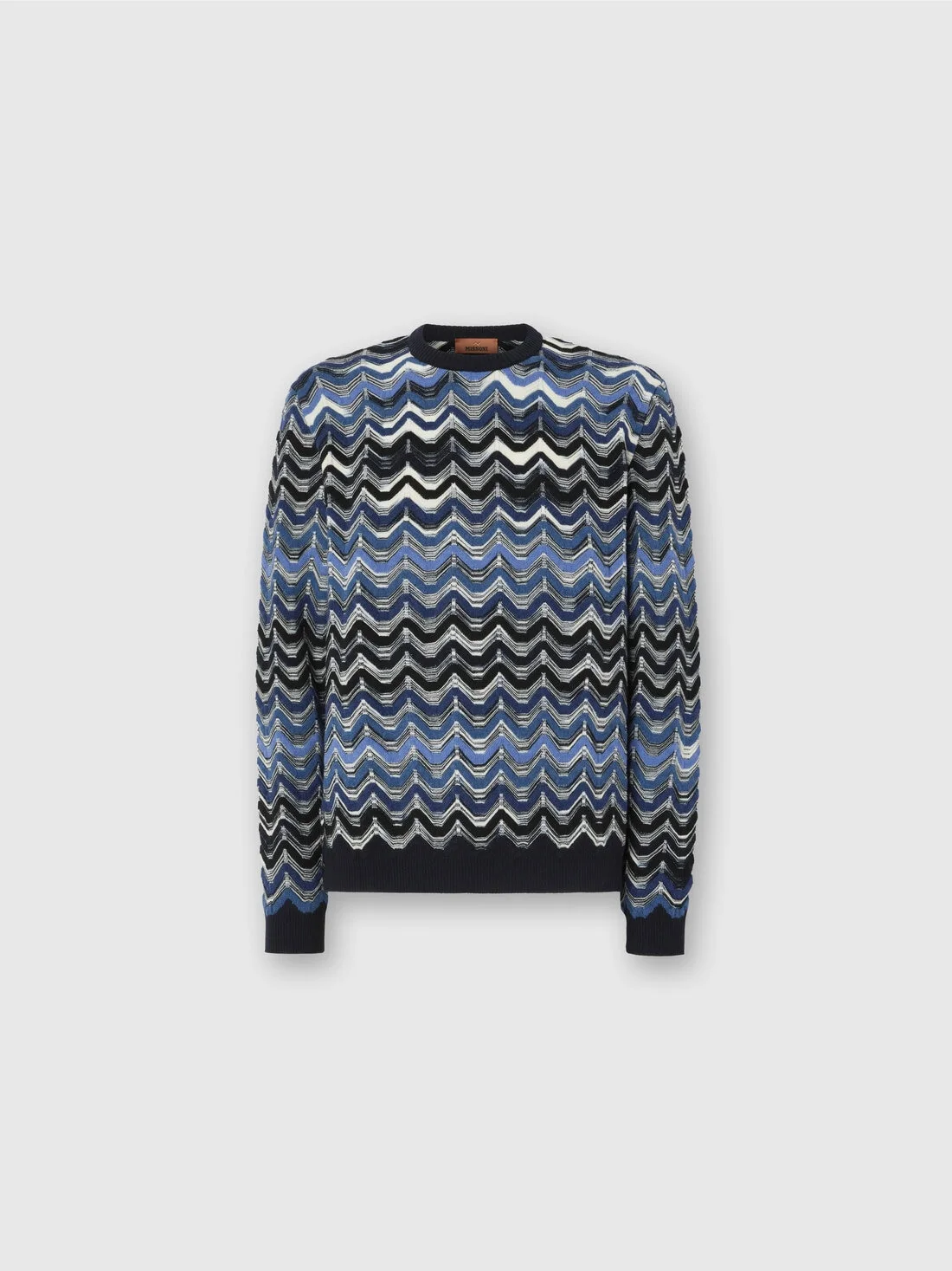 Crew Neck Sweater with Geometric Zigzag Pattern - 1