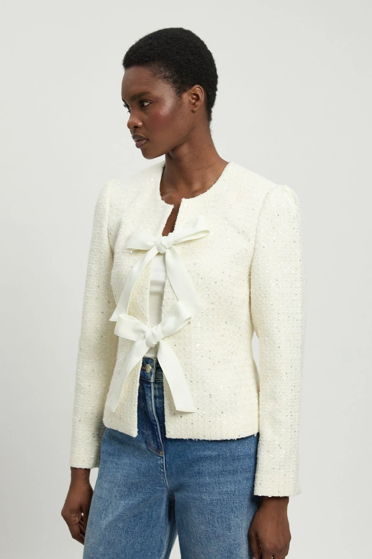 Boucle Tailored Bow Detail Peplum Jacket - 1
