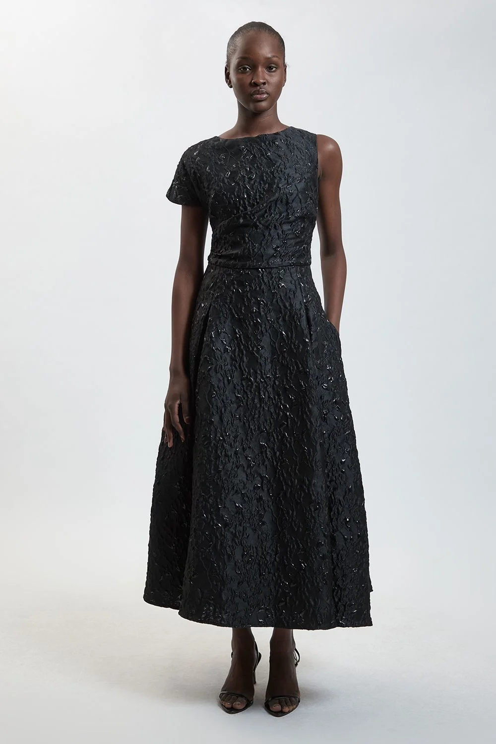 Petite Jacquard Asymmetric Sleeve Midi Dresss - 1