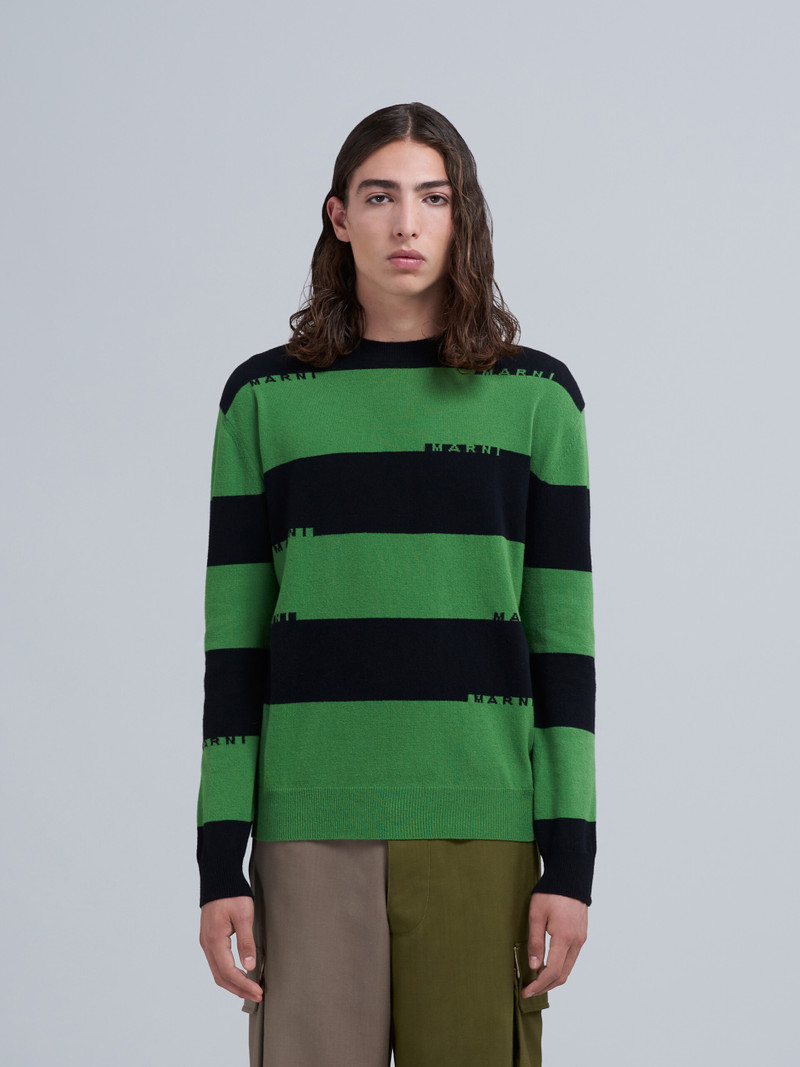 Marni BLACK AND GREEN STRIPED SHETLAND WOOL LOGO SWEATER outlook