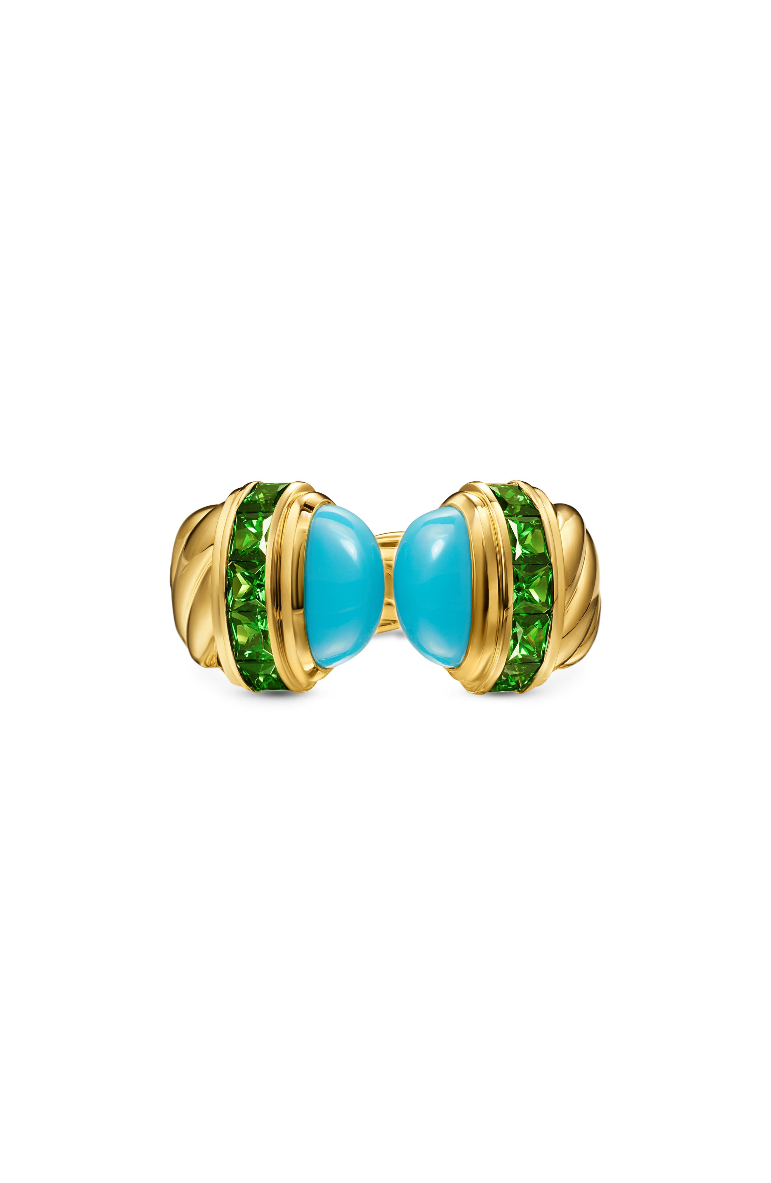 David Yurman Sculpted Cable Open Cocktail Ring in 18K Yellow Gold with Turquoise and Tsavorites, 12. - 6