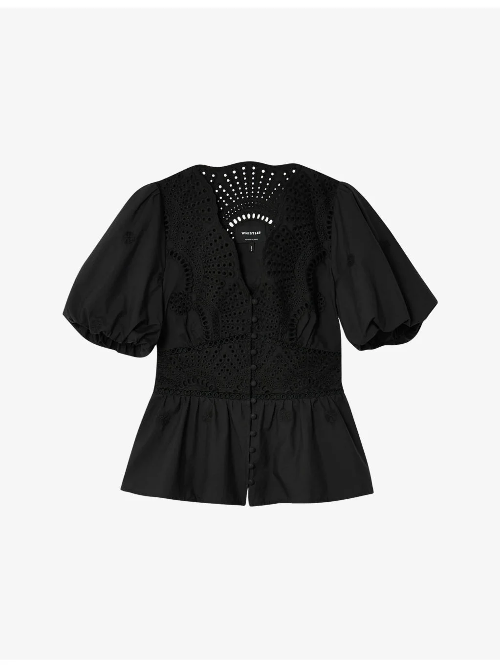Broderie V-Neck Puff-Sleeve Cotton Blouse - 1