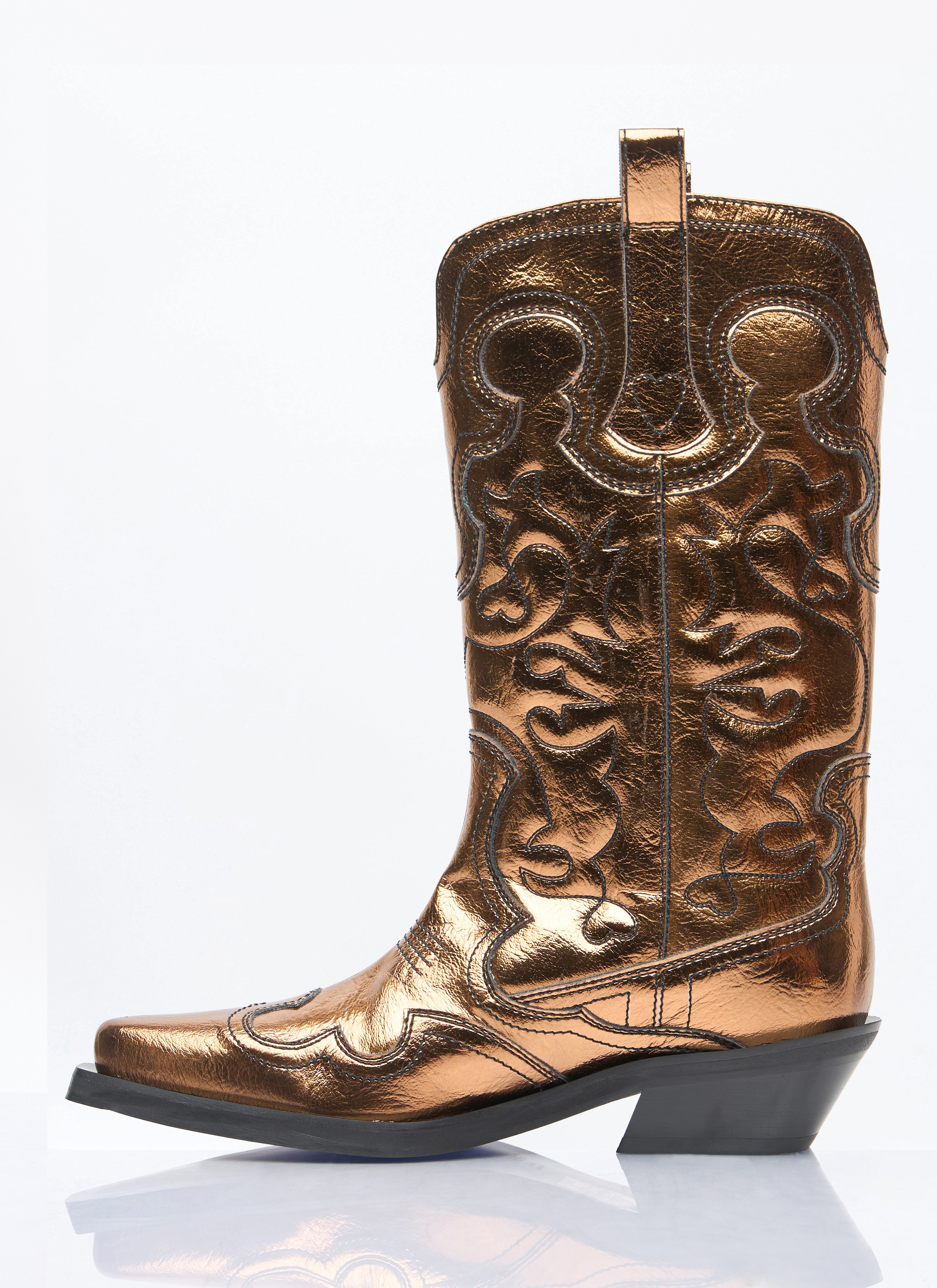 Ganni Women Mid Shaft Embroidered Metallic Western Boots - 4