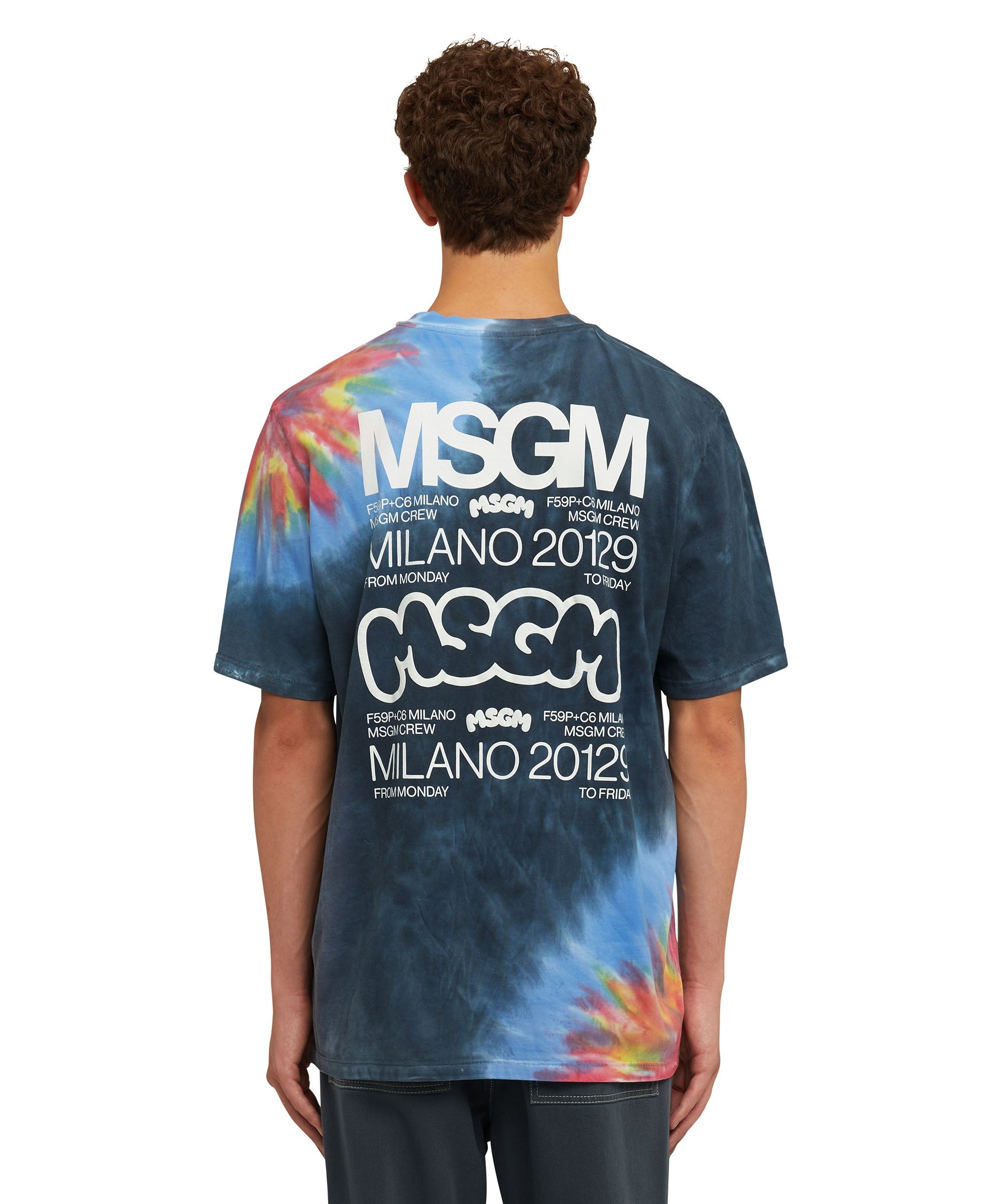 MSGM Tie dye cotton crewneck t-shirt with logo and graphics in