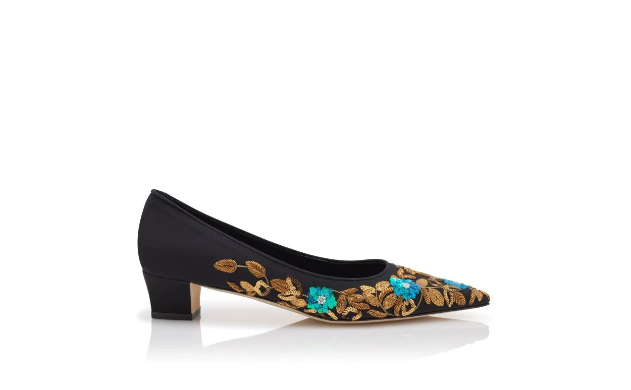 Black Crepe de Chine Embroidered Pumps - 1
