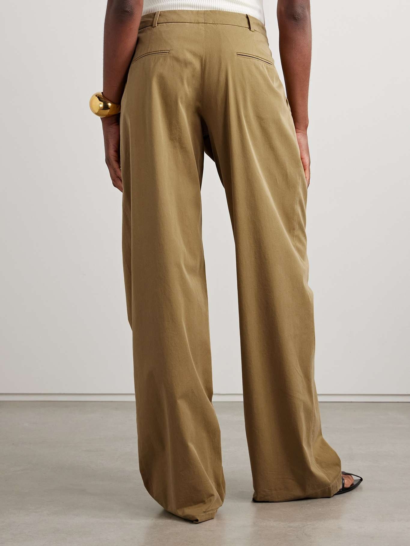 Pleated organic cotton-blend twill wide-leg pants Army green - 4