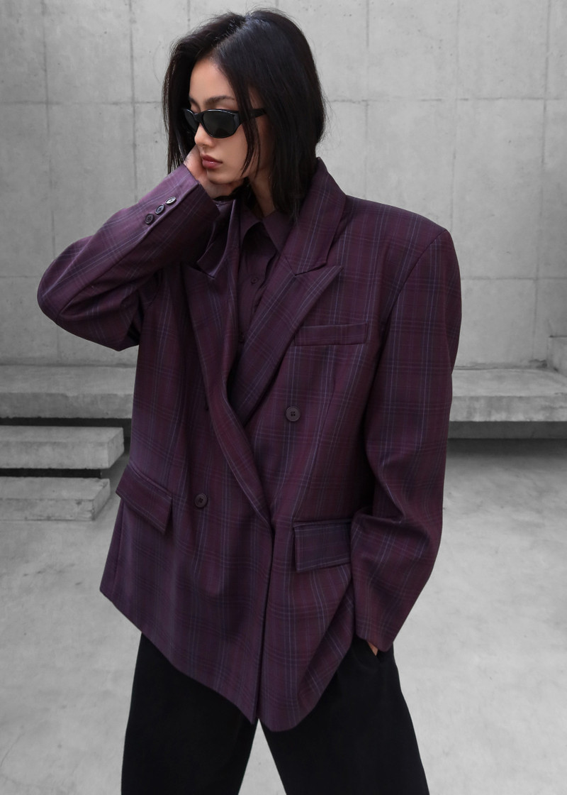 Dinant Padded Double-Breasted Blazer - Burgundy Plaid 3
