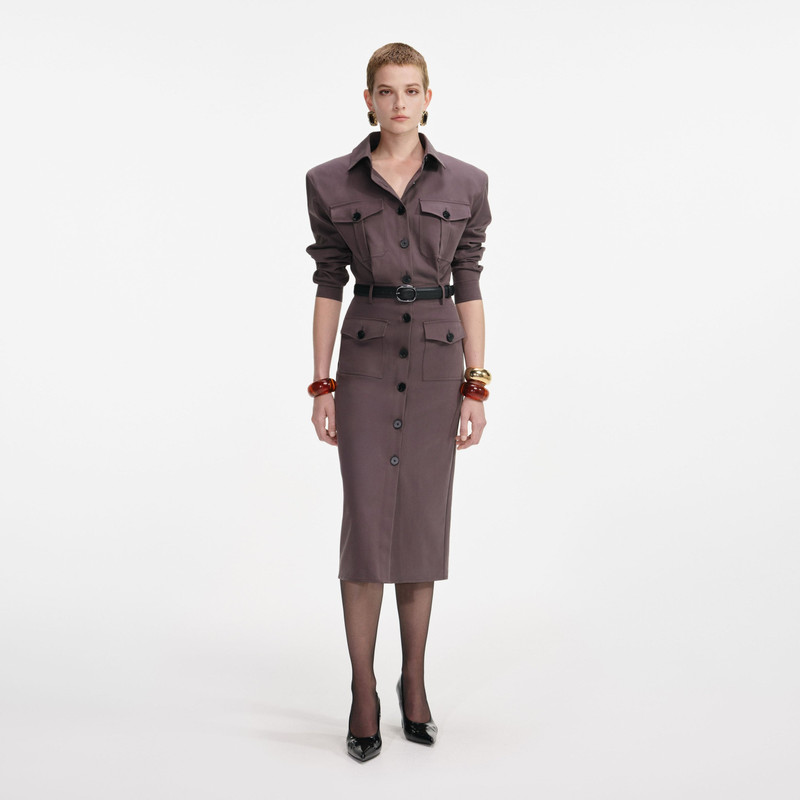 Brown Cotton Belted Midi Dress - 1