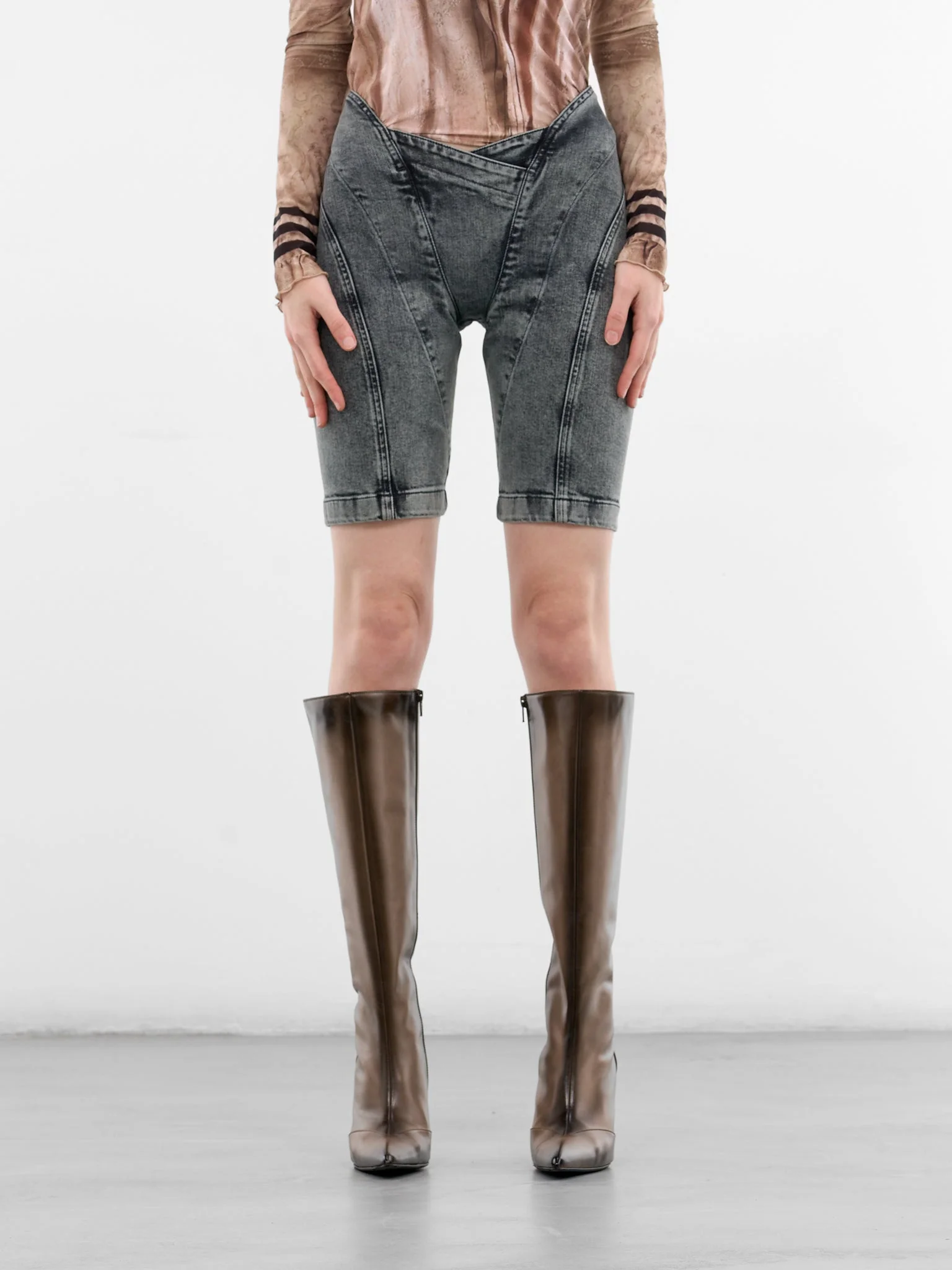 Celest Denim Asymmetric Drainpipe Shorts - 1