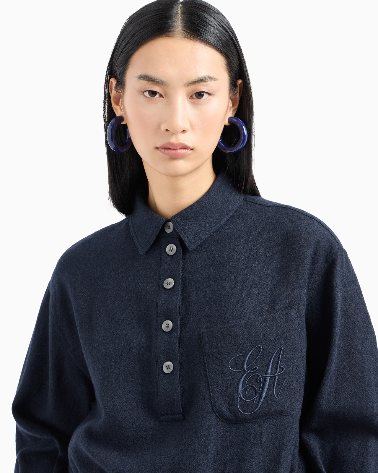 Washed wool crêpe shirt with a polo collar and EA signature embroidery - 5