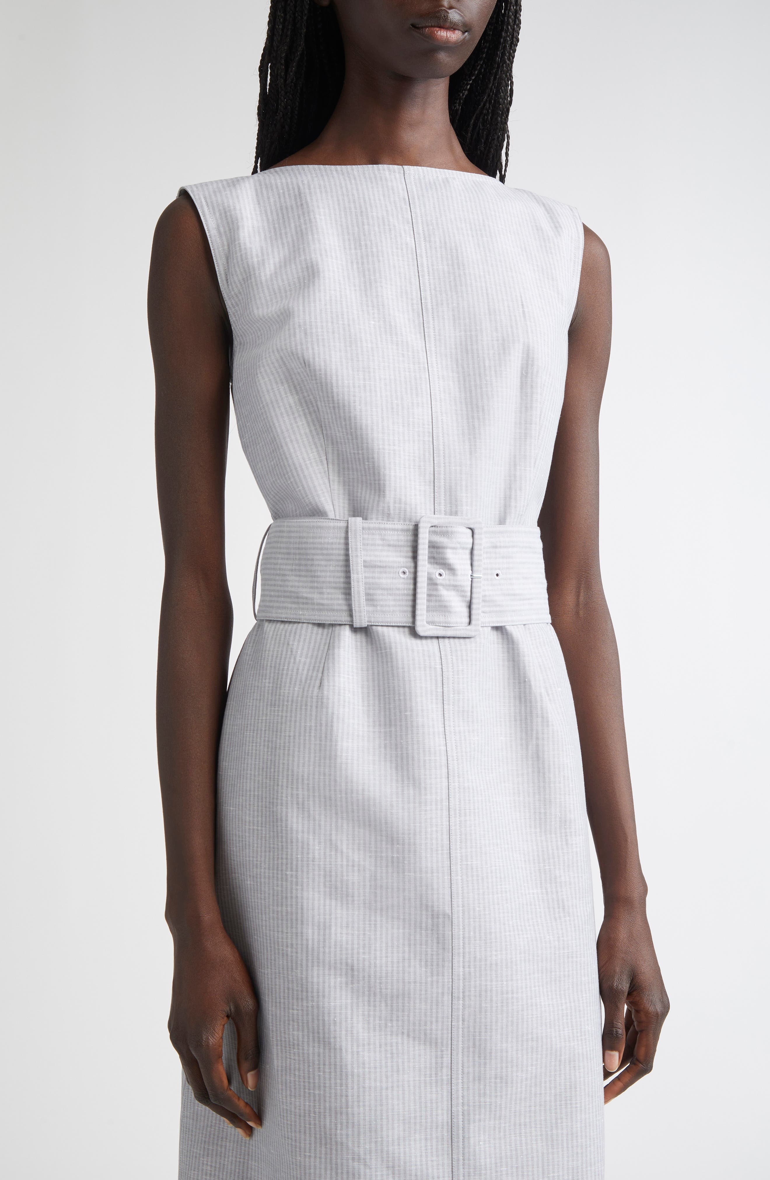Thom Browne Stripe Bateau Neck Linen Blend Column Dress in Light Grey at Nordstrom - 4