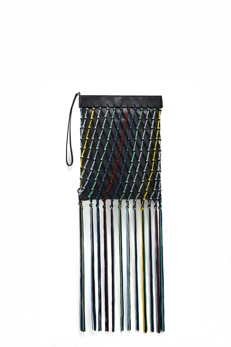 Naila Fringe Pouch in Black Multi Nappa Leather & Silk Macrame - 1