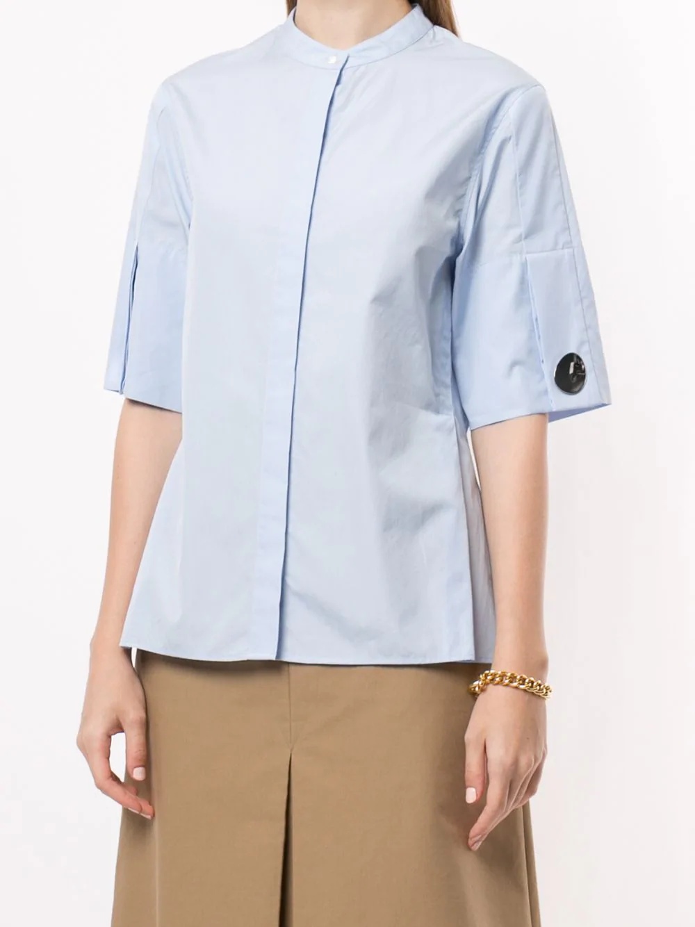 collarless short-sleeved poplin shirt - 3