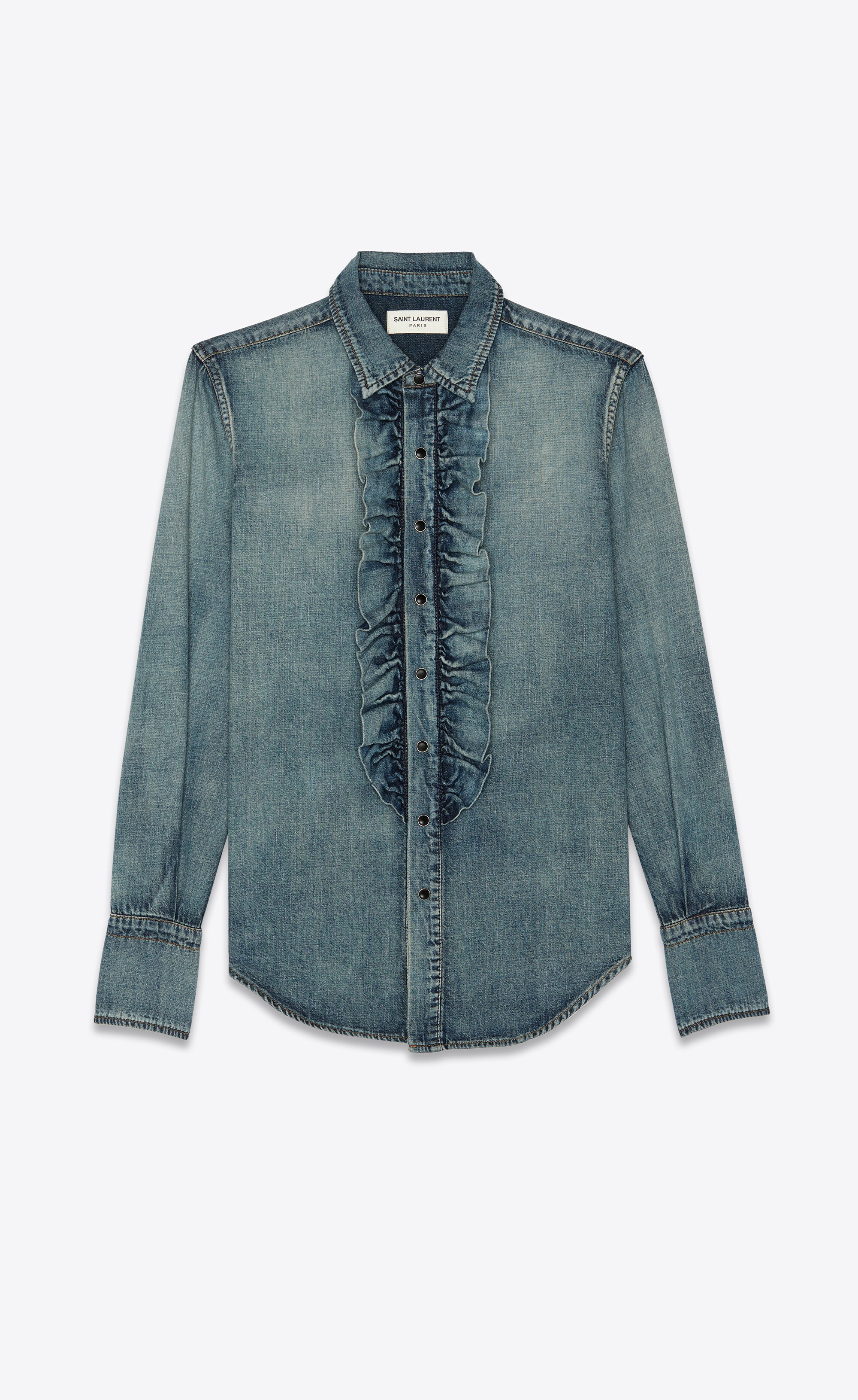 classic shirt with ruffled front in dirty vintage blue denim - 1