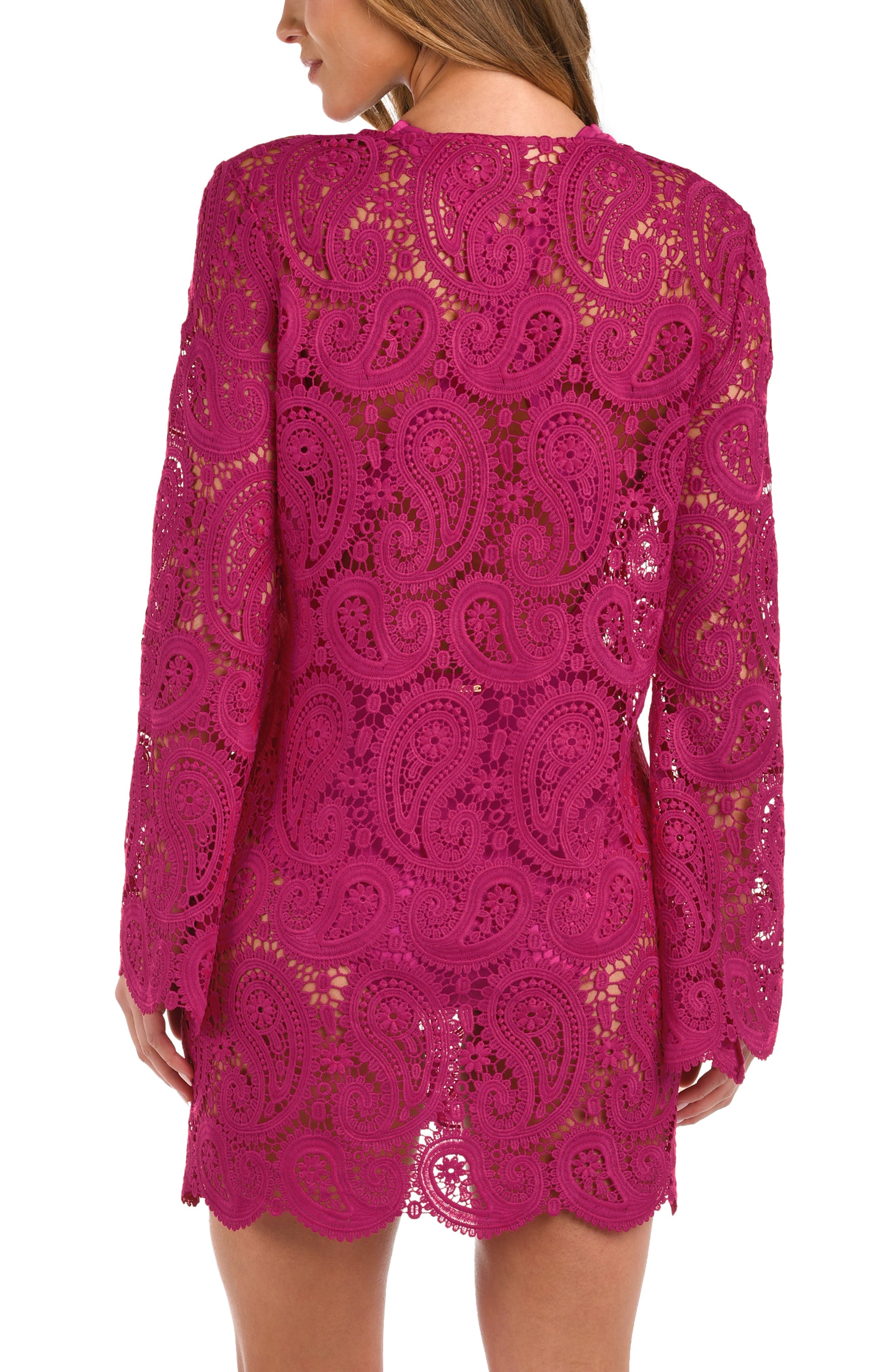 L'AGENCE Ansley Paisley Long Sleeve Cover-Up Dress in Fuchsia at Nordstrom - 2