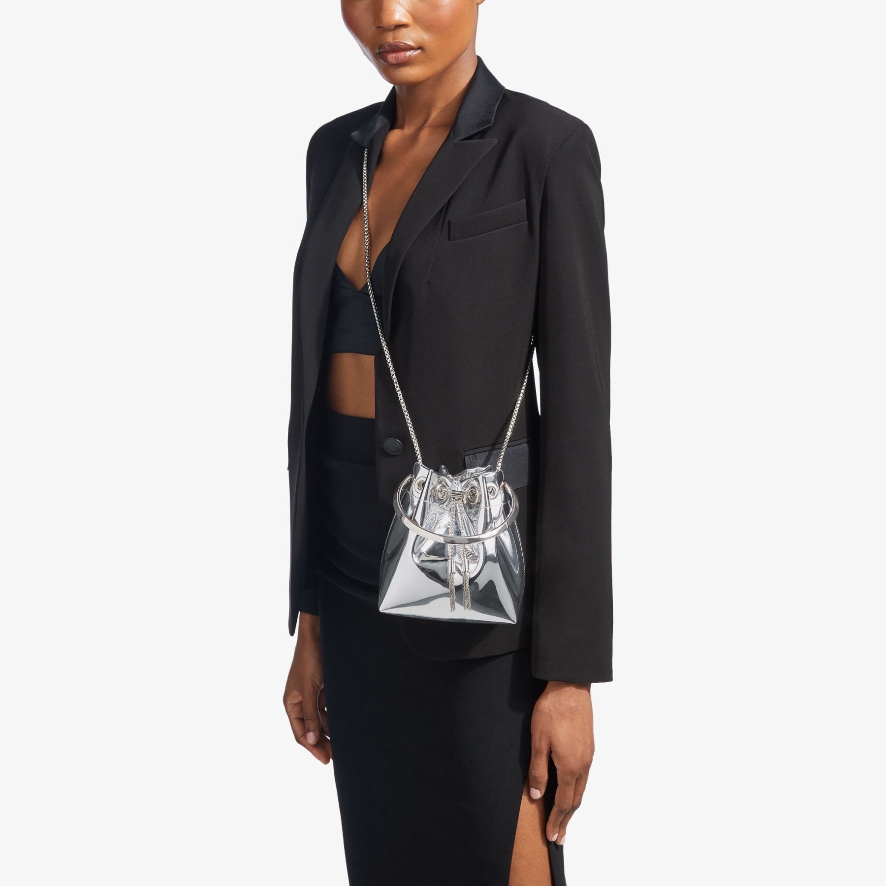 JIMMY CHOO Bon Bon Silver Mirror Fabric Mini Bag with Metal