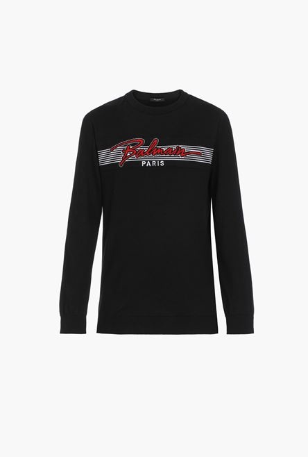 Black cotton sweater with embroidered red and white Balmain logo - 1