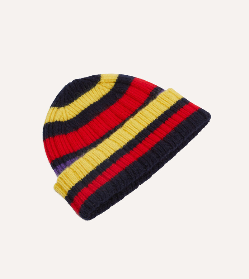 Navy, Yellow and Red Multi Stripe Geelongora Ribbed Knit Cap 3