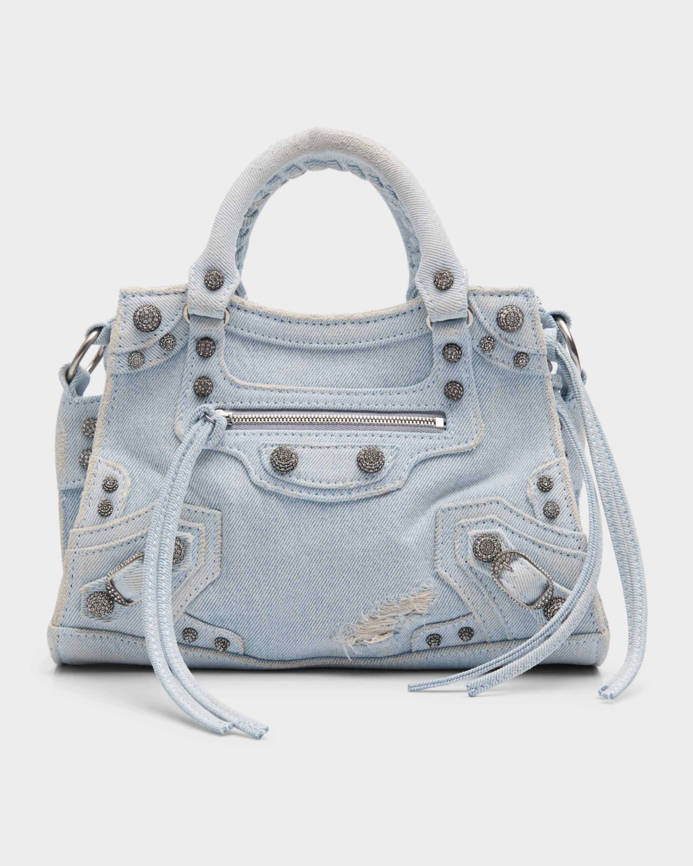 BALENCIAGA Neo Cagole XS Handbag In Denim With Rhinestones