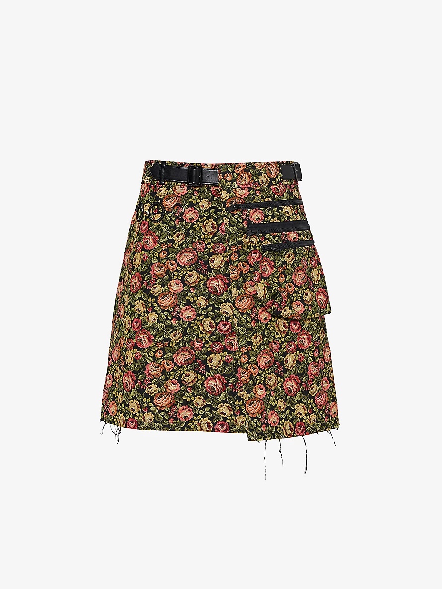 Floral-pattern jacquard-texture woven-blend mini skirt - 1