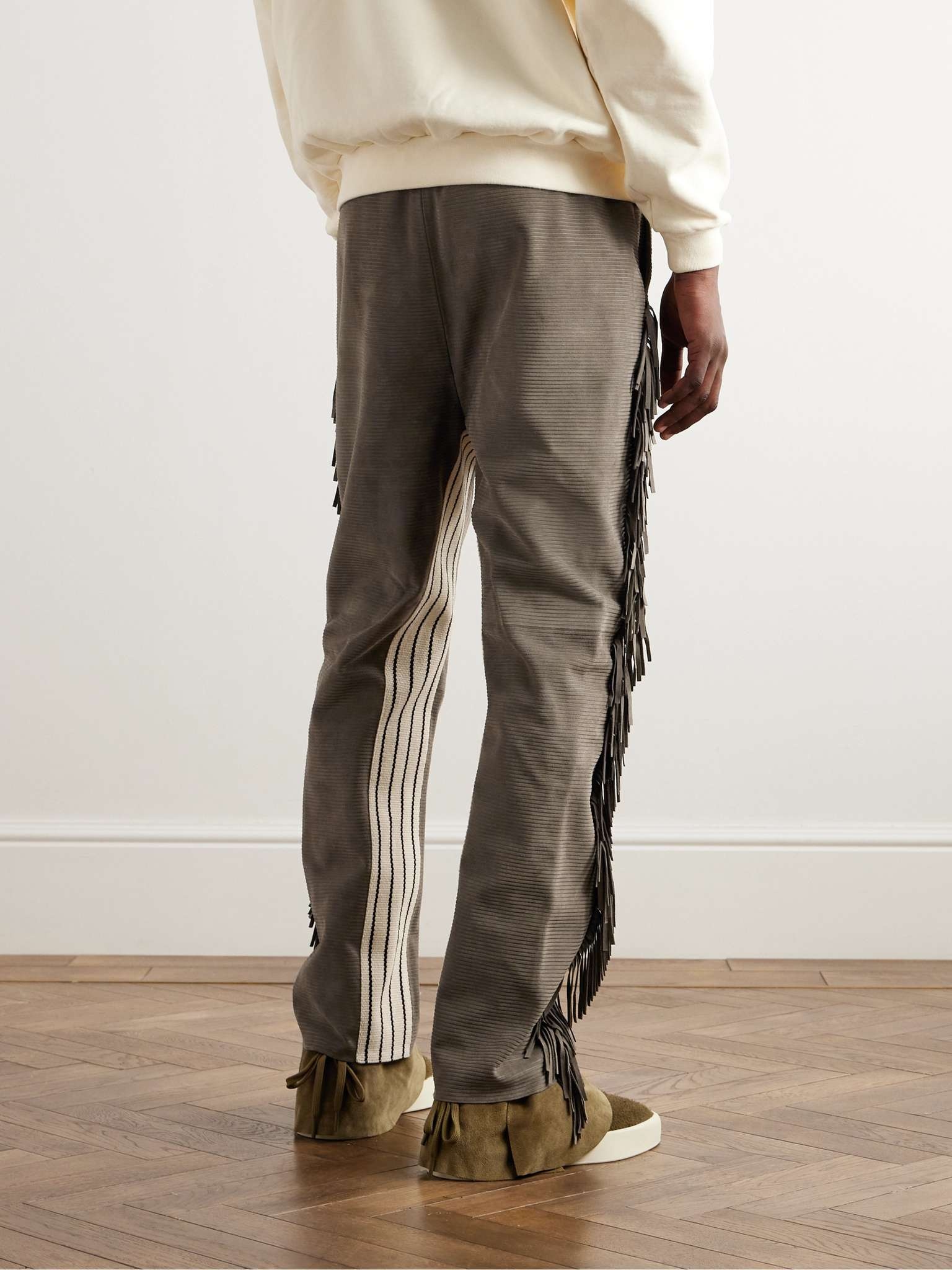Straight-Leg Logo-Appliquèd Ribbed Fringed Suede Trousers - 4