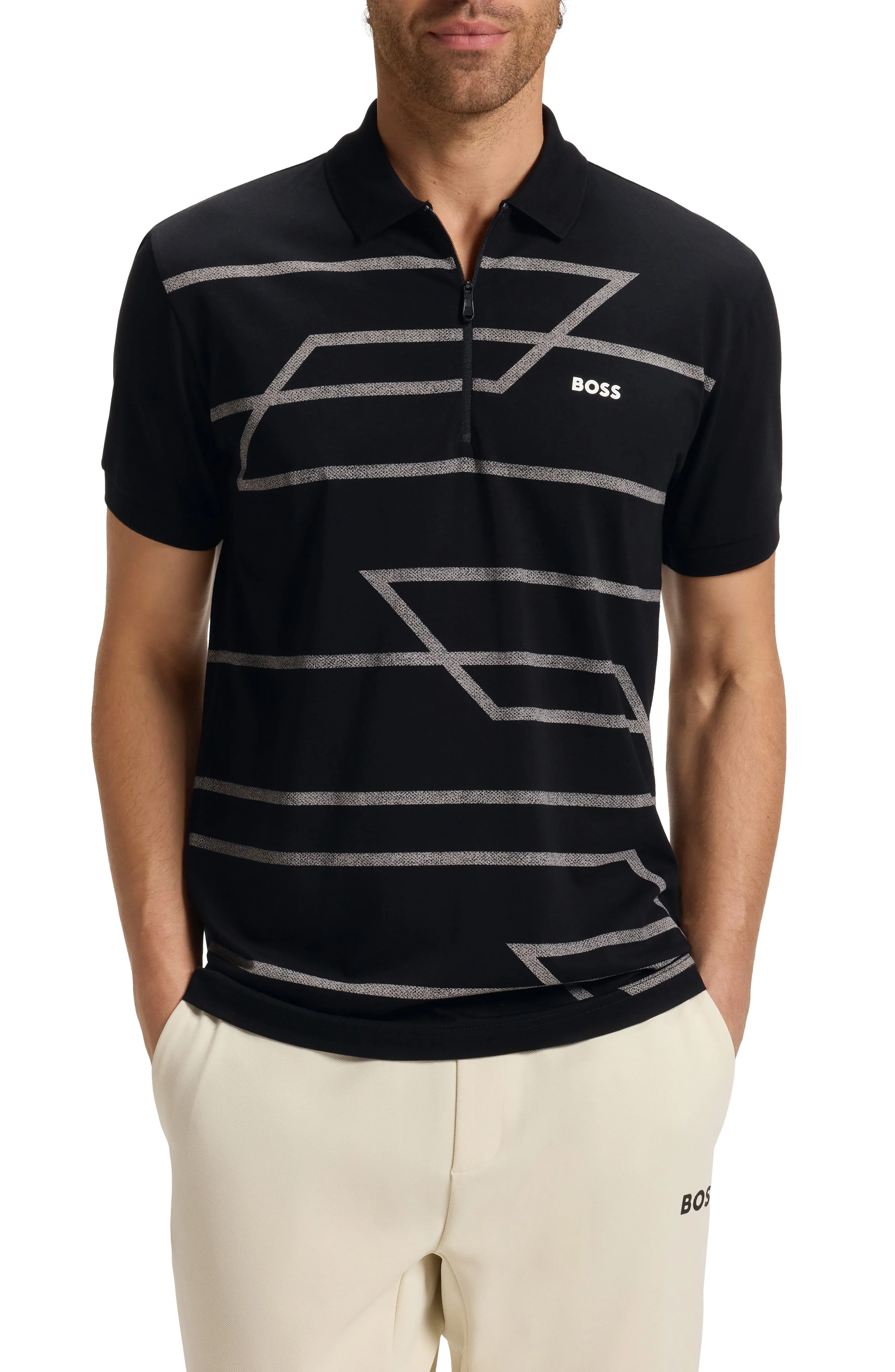 BOSS Phlix Geometric Print Cotton Zip Polo in Black at Nordstrom - 1