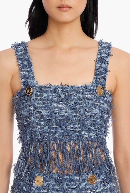 Cropped blue tweed sports bra top with fringe - 5