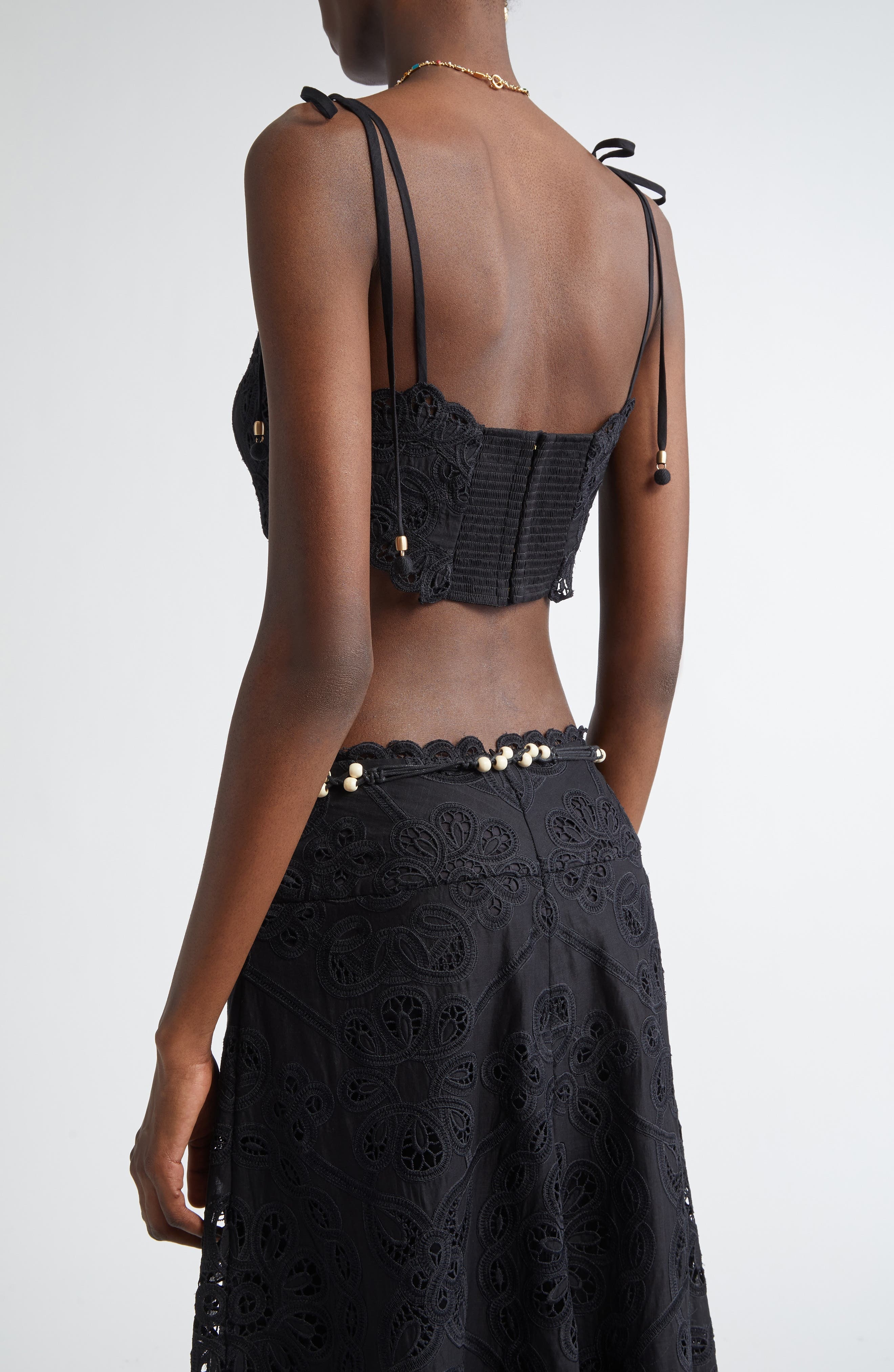 Zimmermann Rhiannon Guipure Lace Trim Cotton Crop Top in Black at Nordstrom - 3