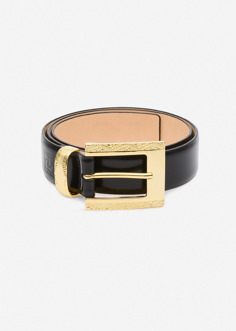 Engraved rectangular buckle belt in black and gold 1