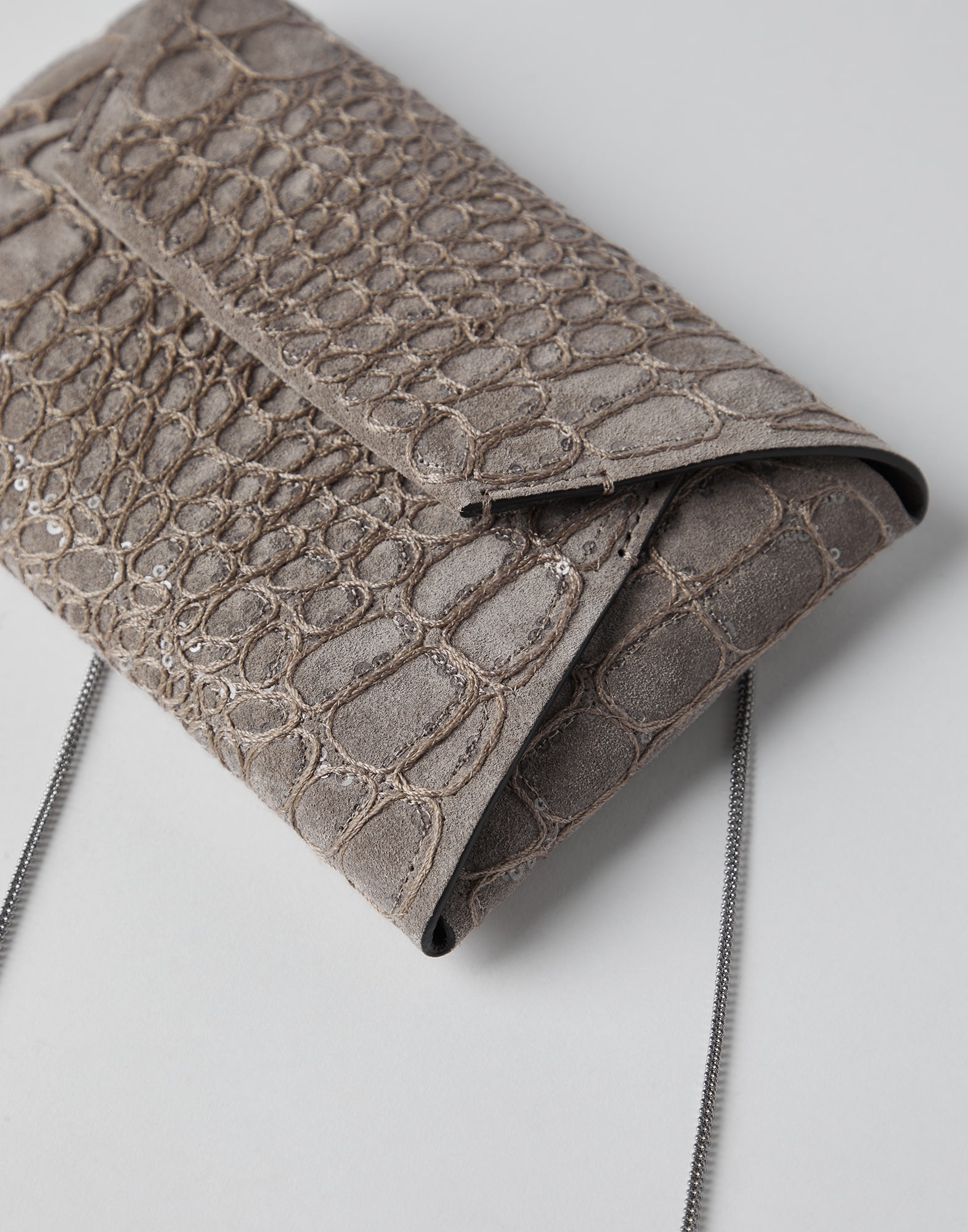 Crocodile embroidery envelope bag in suede with precious chain - 3
