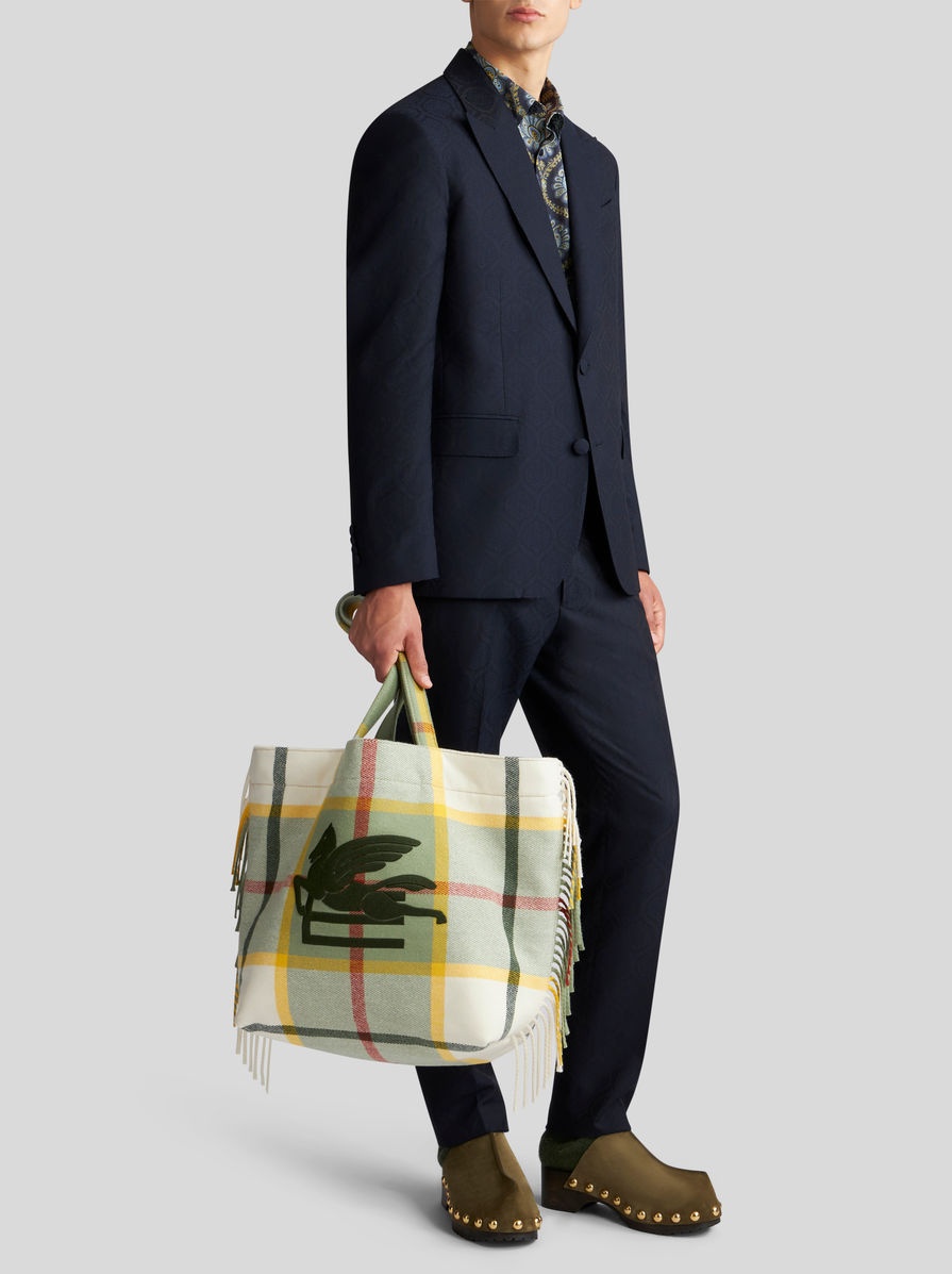 LARGE CHECK JACQUARD SOFT TROTTER TOTE BAG WITH FRINGING - 3