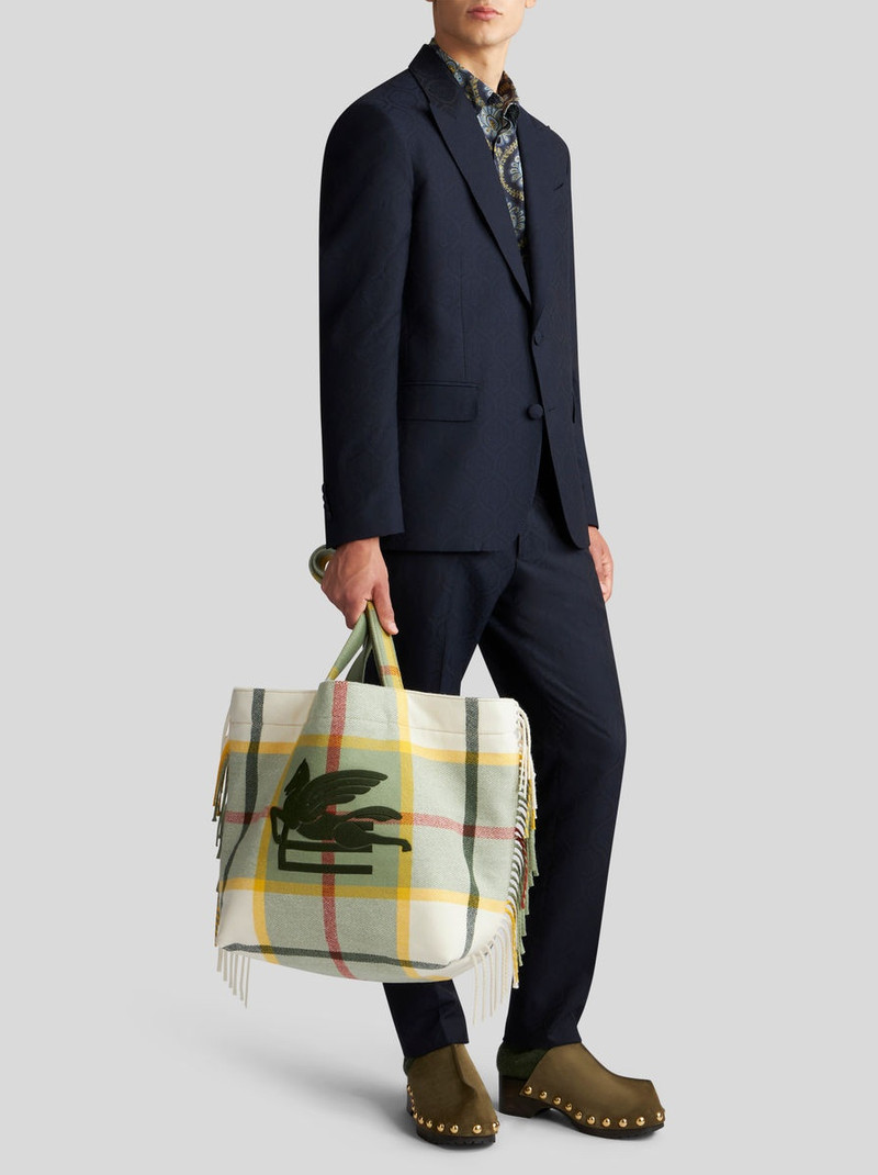 LARGE CHECK JACQUARD SOFT TROTTER TOTE BAG WITH FRINGING 3