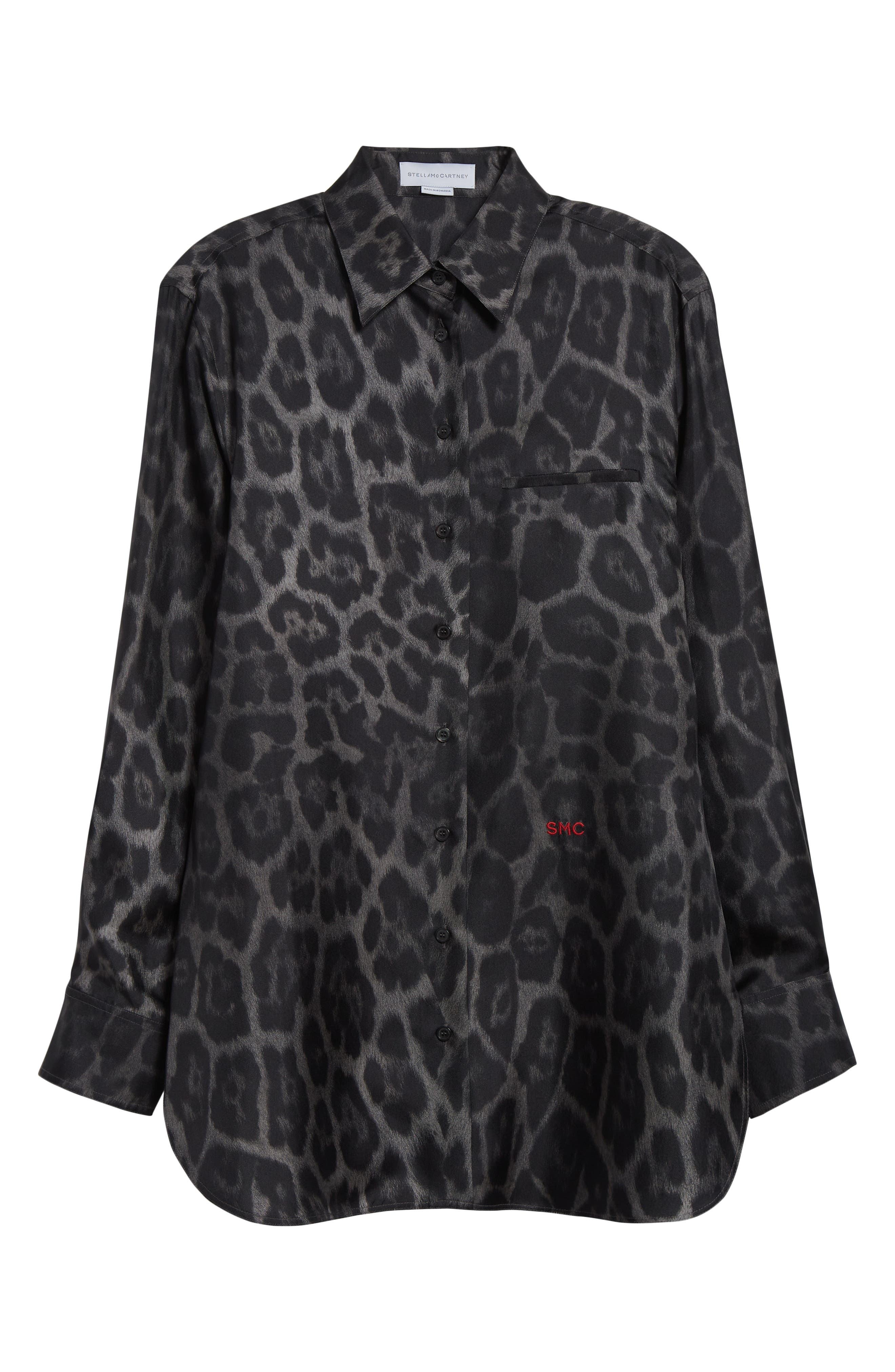 Stella McCartney Leopard Print Silk Button-Up Shirt in Ash Grey at Nordstrom - 6
