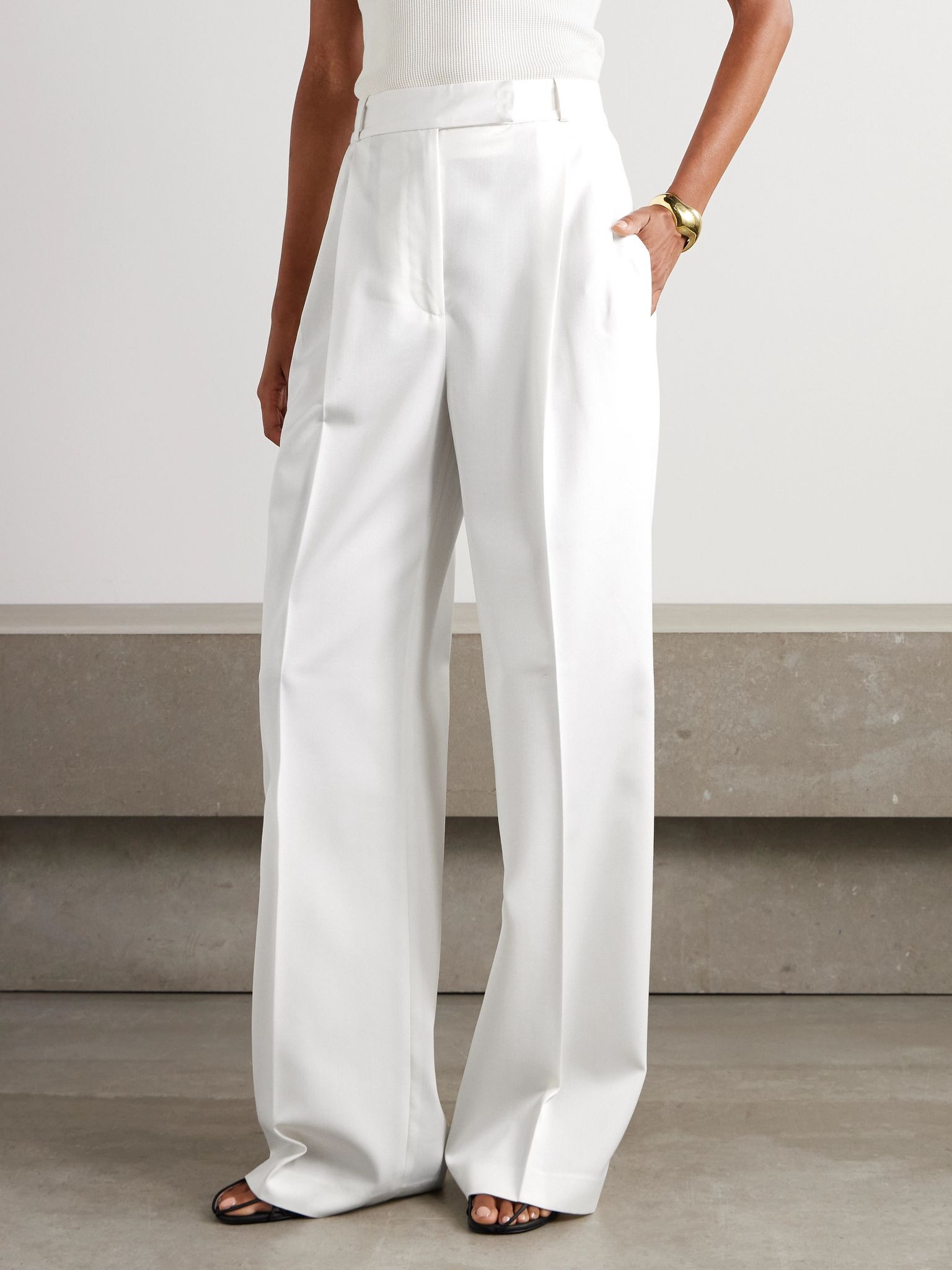 Pleated wool-blend twill wide-leg pants Ivory - 3