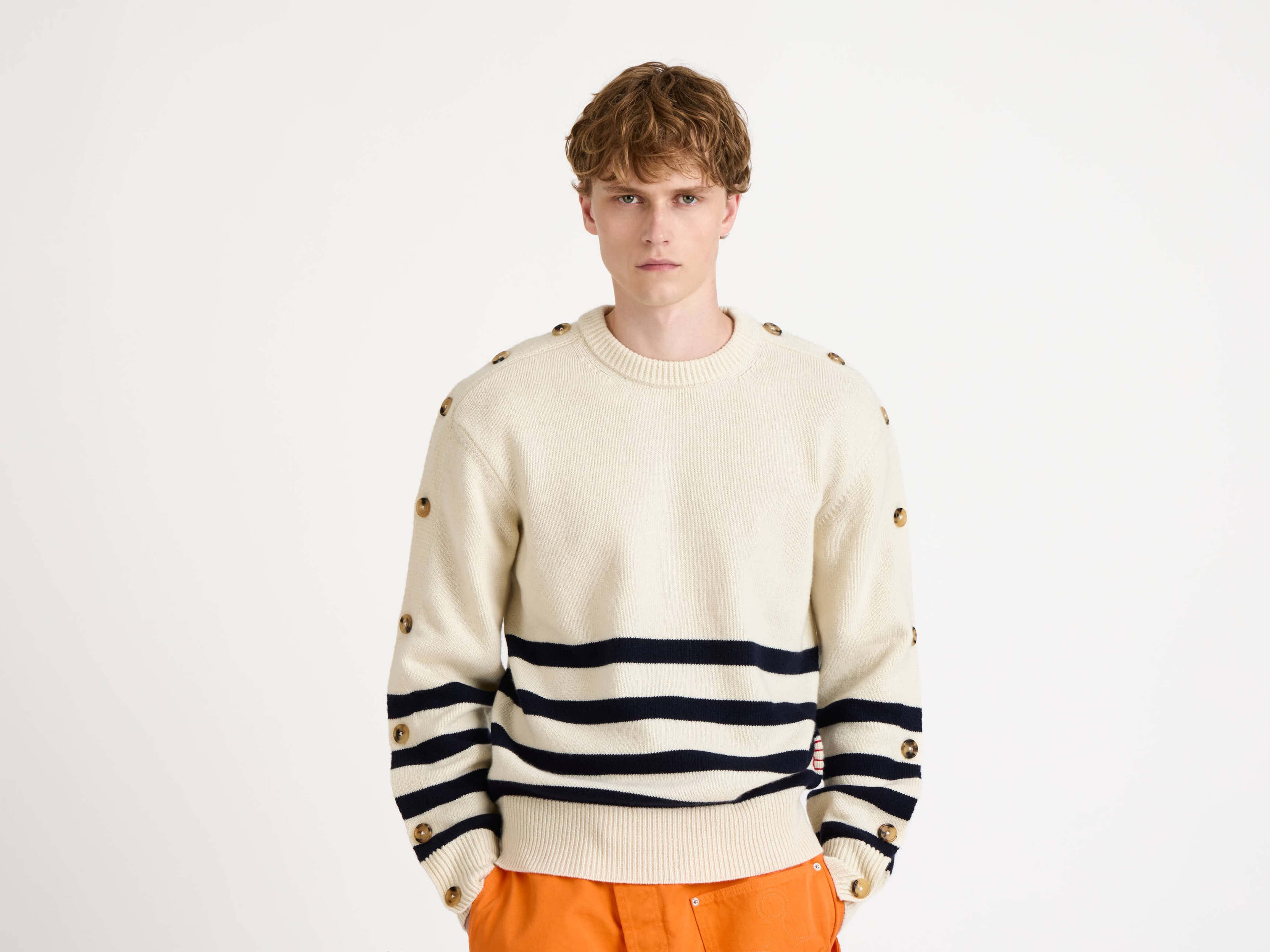 BUTTONED SLEEVE BRETON JUMPER IN IVORY - 7