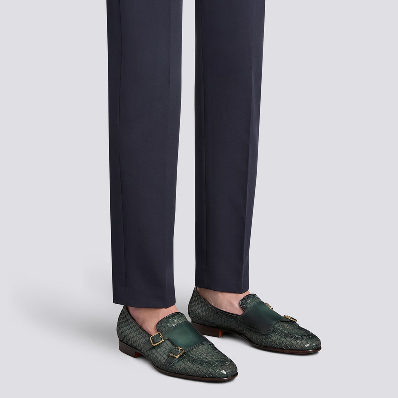 Santoni Men's green woven leather double-buckle loafer outlook