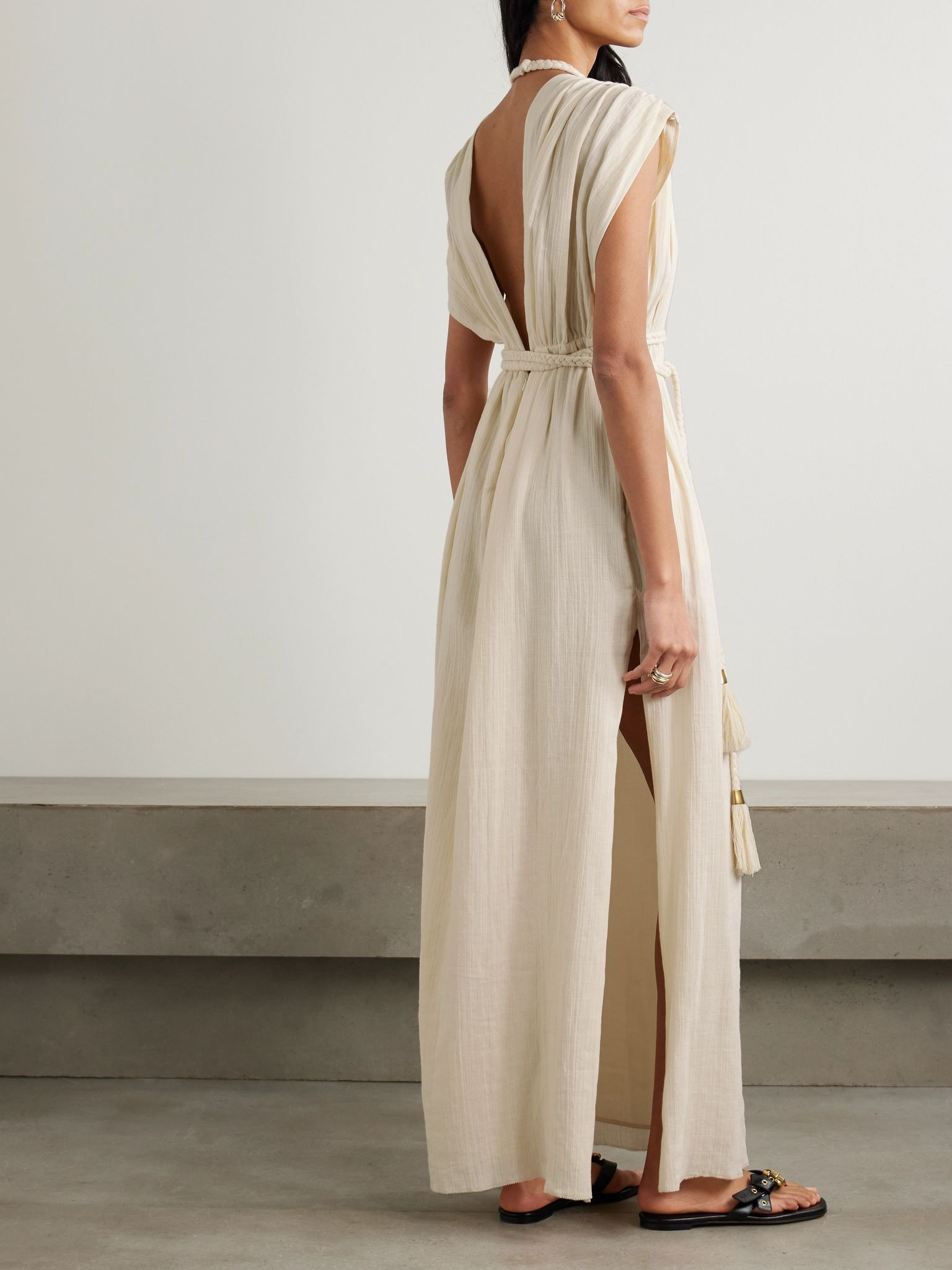 Joya braided gathered cotton-gauze maxi dress Beige - 3