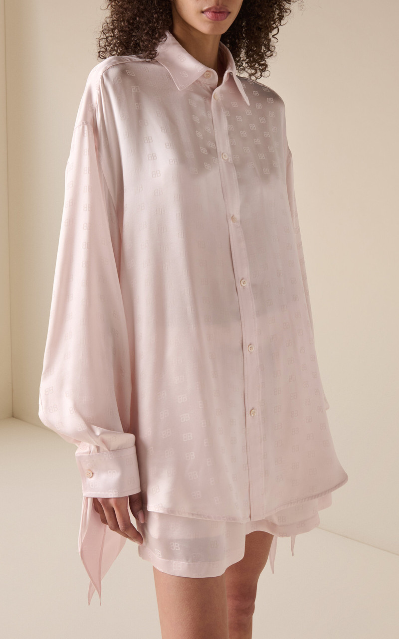 BALENCIAGA Knotted-Cuff Logo-Jacquard Silk Shirt white outlook