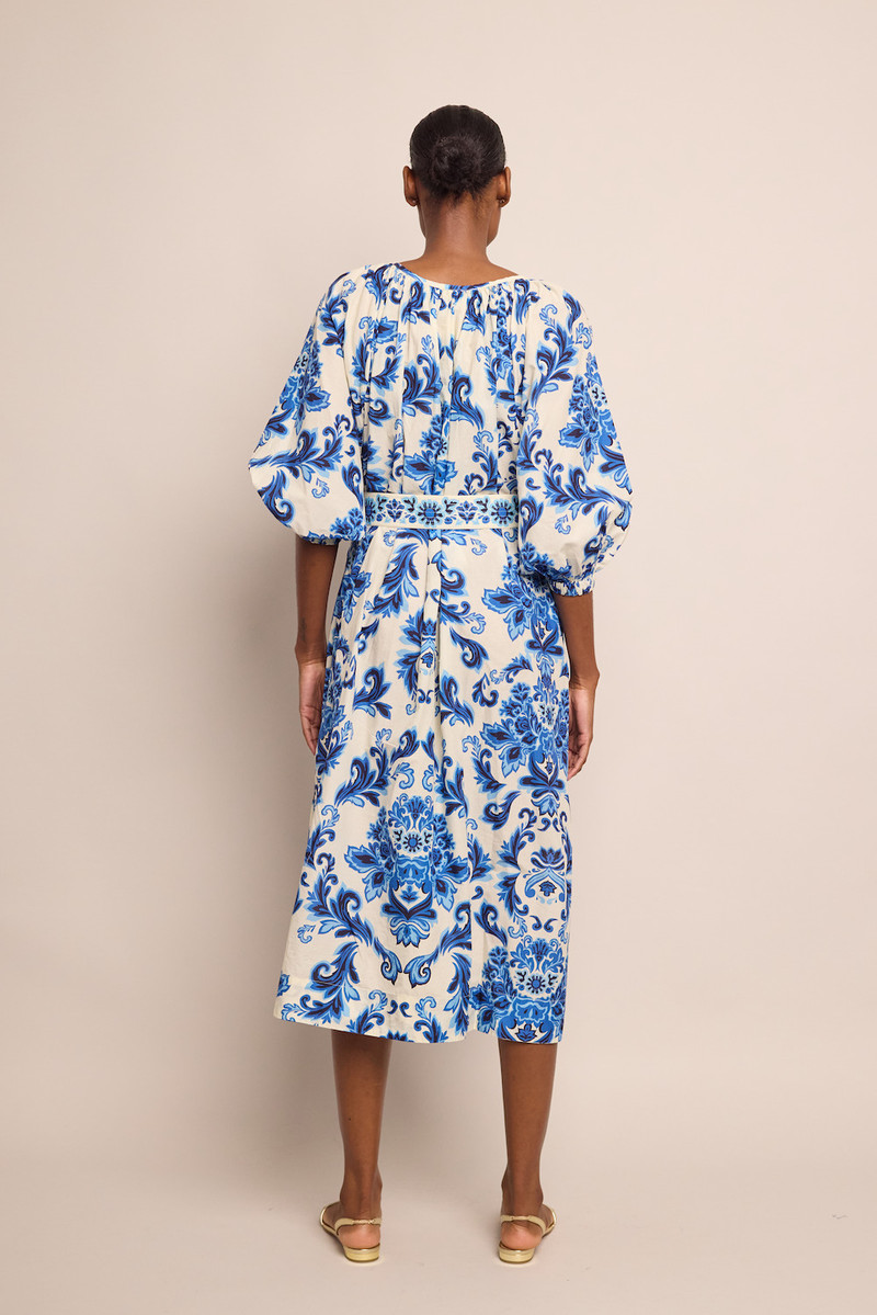 Simone Cover-Up Dress Breezy Volume, Blouson Sleeves, Raffia Buckle and Crochet-Covered Buttons 3