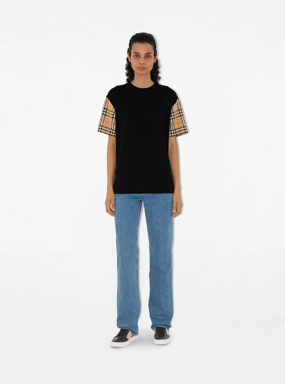 Burberry Women Black T-Shirt With Vintage Check Motif On The Sleeves In Cotton Woman - 4