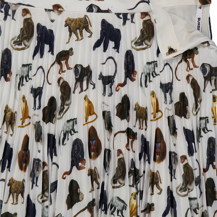 Burberry Ladies Monkey Print Pleated Crepe De Chine Skirt - 7