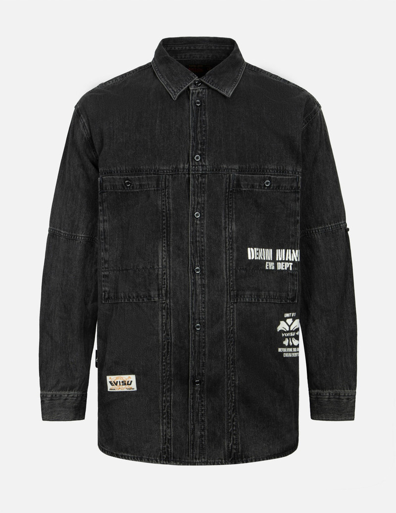 KAMON PRINT AND LOGO EMBROIDERY LOOSE FIT DENIM SHIRT 1
