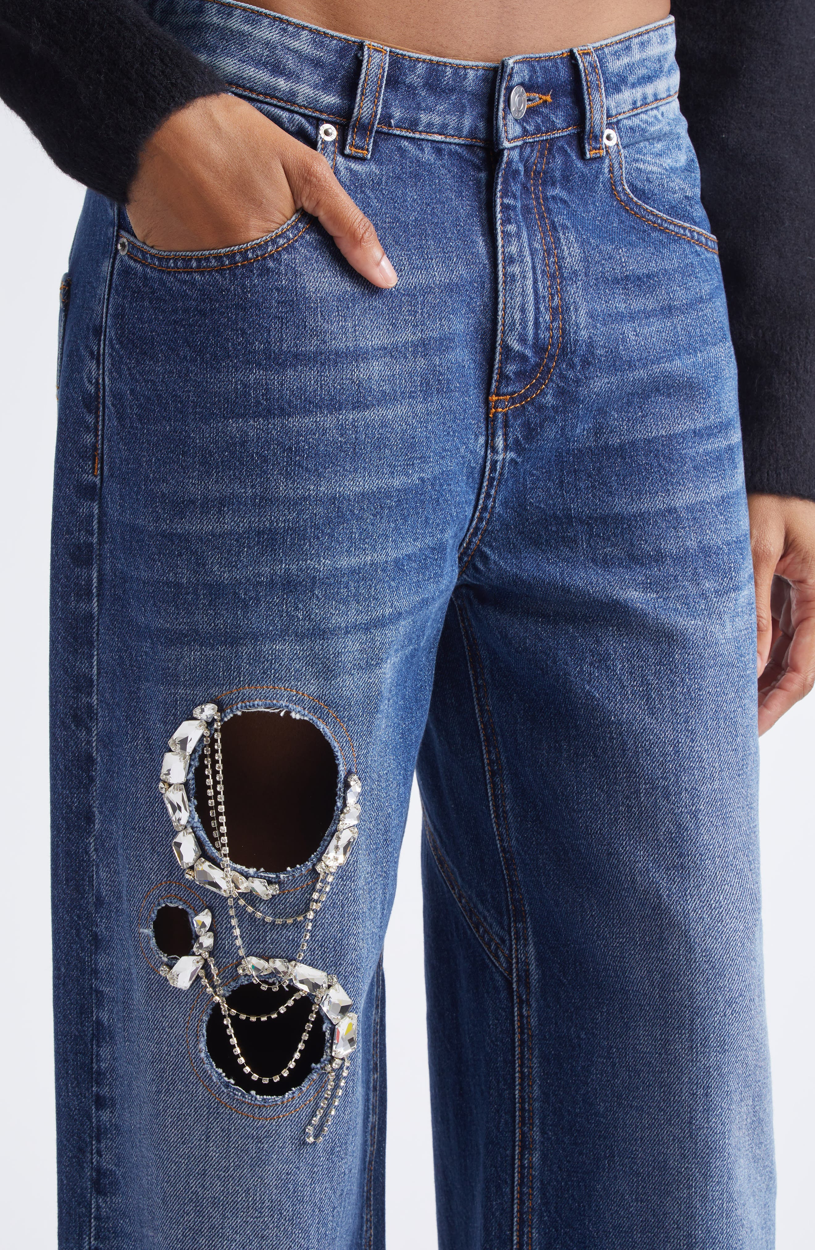 Area Crystal Chain Cutout Relaxed Jeans in Medium Blue at Nordstrom - 5