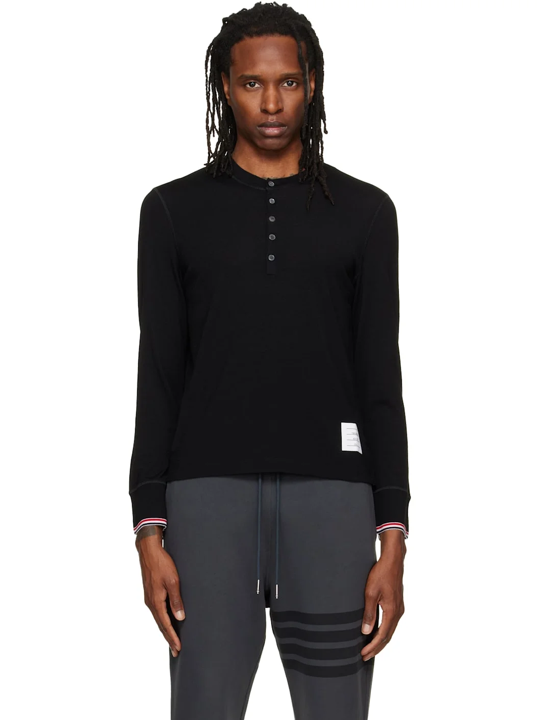 Black Wool RWB Tipping Stripe Henley - 1