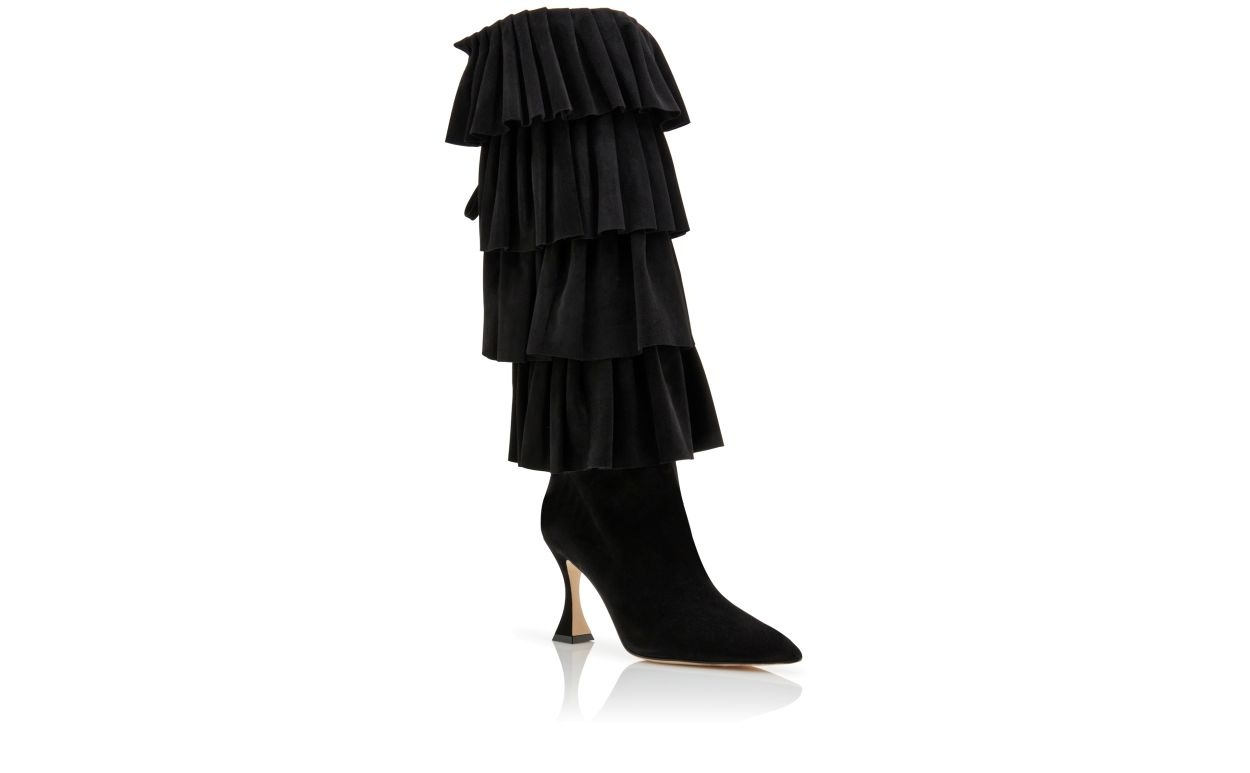 Black Suede Ruffled Knee High Boots - 3